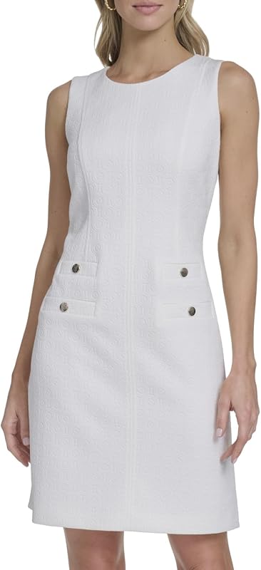Women's Sleeveless Jewel Neck Novelty Button Tweed Mini Sheath Dress