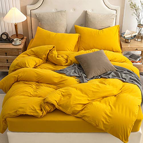PURE ERA Jersey Knit Duvet Cover Set Solid Yellow Queen