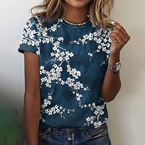 Blusa feminina de manga curta, gola canoa, estampa de ameixa, estampa floral, camiseta para verão, o