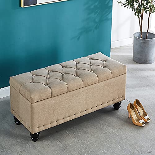 Tabouret ottoman avec rangement pour chaussures en lin moderne beige banquette d'entrée 100cm