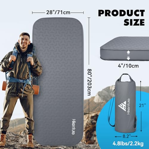 Image of Hikenture 4 inch Thick Self Inflating Sleeping Pad, Foam & Air Camping Mattress, 9.5 R-Value Insulated Sleeping Mat, Portable All Season Camping Pad for Tent, Car, Cot, Truck