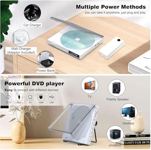 Maite Mini DVD Player Tragbar, Regionen Free mit 1080P HDMI-Anschluss/AV-Ausgang, NTSC/PAL, DVD-Player für TV mit AV/HDMI-Kabeln/USB-Wiedergabe Fernbedienung und Ständer no Support blueray – Bild 6