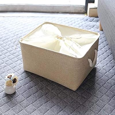 Collapsible Canvas Fabric Storage Bin Basket with Rope Handles (Beige, XLarge)