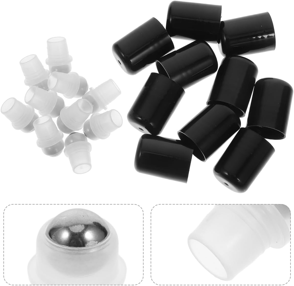 Healeved Essential Oil Roller Ball Inserts with Dust Caps for 18 Tooth Bottles Leakproof Refillable Aromatherapy Applicator for Home Travel DIY Blends