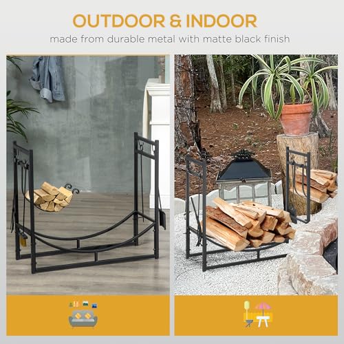 Outsunny Metal Firewood Log Holder Indoor Outdoor Firewood Rack Fireplace 2 Tier Wood Storage Shelf with 4 Tools, Hooks, Scrolls, Black, 84W x 33D x 76H cm Outsunny Metal Firewood Log Holder Indoor Outdoor Firewood Rack Fireplace 2 Tier Wood Storage Shelf with 4 Tools, Hooks, Scrolls, Black, 84W x 33D x 76H cm
