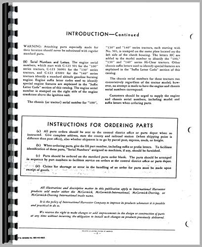 Page from the Farmall 140 Tractor Parts Manual showing 'Introduction - Continued' and 'Instructions for Ordering Parts' sections.