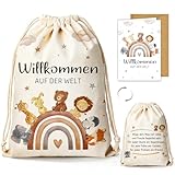 XL Geburt Geschenktüten aus Canvas, Geschenk zur Geburt Junge Mädchen Schwangere Werdende, Regenbogen-Tiere Geschenktasche mit Glückwunschkarte - Willkommen AUF DER WELT