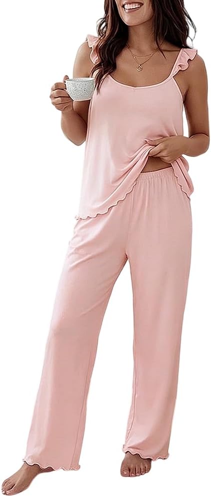 CHICME Womens Pajamas Set 2 Piece Sleeveless Ruffle Tank Top and Wide Leg Pants Loose Pj Lounge Sets Comfy Soft Sleepwear