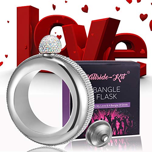 Hillside-Kit Flask Bangle Bracelet- Ab Crystal Lid Creative 304 Stainless Steel Wine Alcohol Liquor Flask Bracelet For Women Girls Party Hidden Flask Set 3.5Oz -2Pcs #TOP6