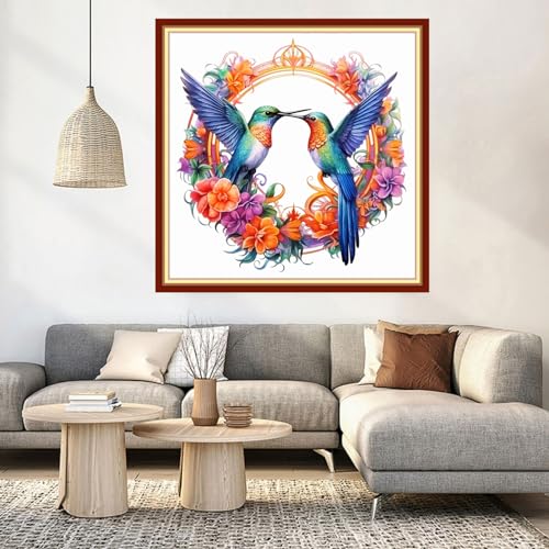Image of DMCVIVR Stamped Cross Stitch Kits for Beginners Adults Needlepoint Kits for Beginners Embroidery Kits for Adults Crossstitch Kit for Beginners 11CT-Hummingbird Wreath 18x18 inch