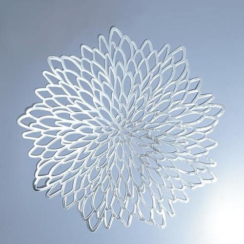 Snowkingdom 6 Pack Silver Placemats Metallic Glitter Pressed Vinyl Dinning Table Mats Decorative Round Leaf Charger for Winter Holiday Thanksgiving Christmas