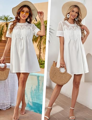 Image of Shiyifa Womens Babydoll Lace Patchwork Dresses Summer Short Sleeve Ruffle Sundress Loose Crew Neck A-Line Dresses
