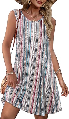 elescat Summer Dresses for Women Boho Casual Swing Sleeveless Tshirt Party Sundress(Bohemian Stripe
