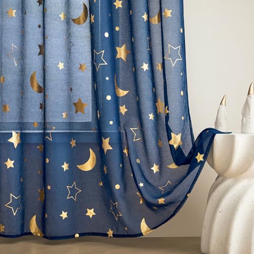 WUBODTI Navy Blue Star Sheer Curtains for Kids Room Nursery 84 Inches Long，Gold Star and Moon Patterned Semi Sheer Faux Linen Boys Curtains Rod...