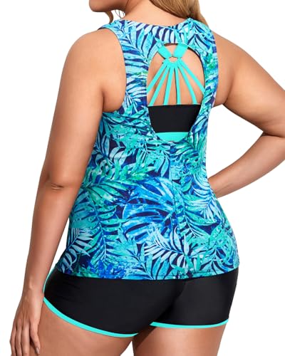 Image of Holipick Women Plus Size Swimsuits - Athletic 3 Piece Tankini with Shorts | Sports bikini top, high waist shorts, tank top, removable pads. Athletic style for water activties