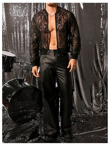 Image of WDIRARA Men's Floral Lace Bomber Jackets Long Sleeve See Through Outerwear | Zip Up Coats, Sexy, Sheer, Party, Concert Outfit