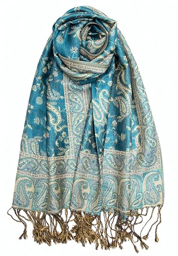 Achillea Soft Silky Reversible Paisley Pashmina Shawl Wrap Scarf w/Fringes (Teal 2)