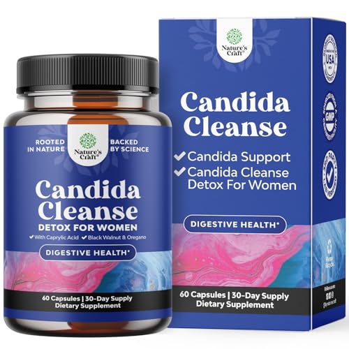 Natures Craft Candida Cleanse Body Detox for Women - Anti Overgrowth Gut Detox for Women with Caprylic Acid Black Walnut Wormwood and Oregano - Full Body Cleanse with Pre and Probiotics - 60 Count