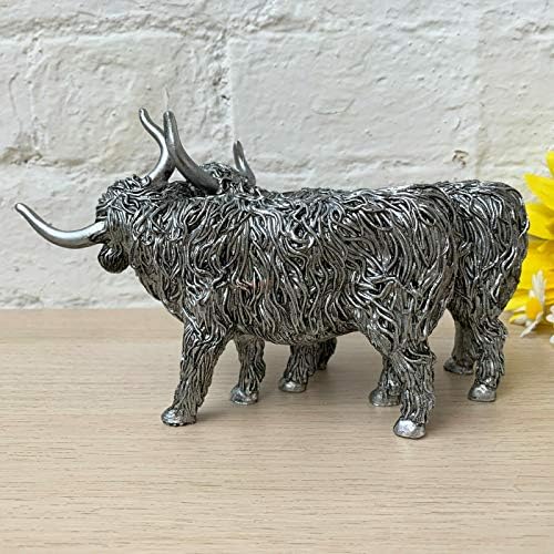 Darthome Ltd Silver Lying Highland Cow Pair Couple Farm Animal Figure Sculpture Ornament Gift 21cm