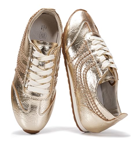 Project Cloud Leather Barefoot Shoes Women – Memory Foam Lace-Up Womens Sneakers – Lightweight & Non Slip Womens Shoes Casual – All-Day Women's Fashion Sneakers for 2026 (Monica,GOLDPU,8)