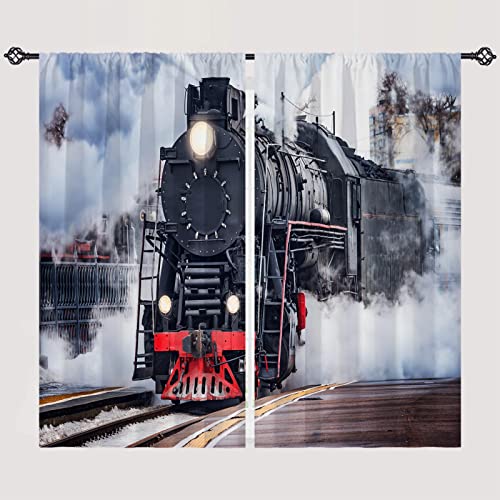 Anhope Steam Train Curtains Rod Pocket Light Filtering Window Drapes With Vintage Steam Engine Locomotive Print Pattern Decorative Privacy Curtains For Kids Bedroom Living Room 2 Panels 28 X 48 Inch #TOP22
