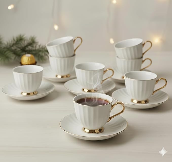 Kitchen Tea Cups and Saucers Set of 6 (180 Ml), Porcelain White Tea Cup Set with Golden Trim, Dishwasher Safe for Tea Milk & Coffee Chai, Teacup Set Gift Pack