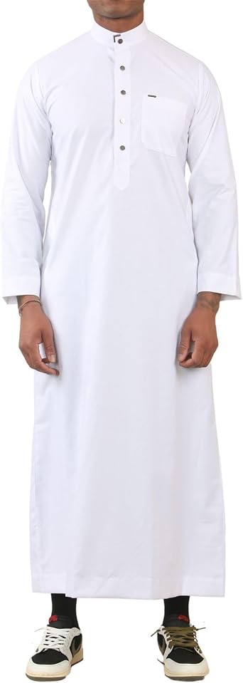 Men's Thobe Saudi Emirati Jubba Islamic Clothing Muslim Kaftan Eid Robe Arab Nehru High Collar