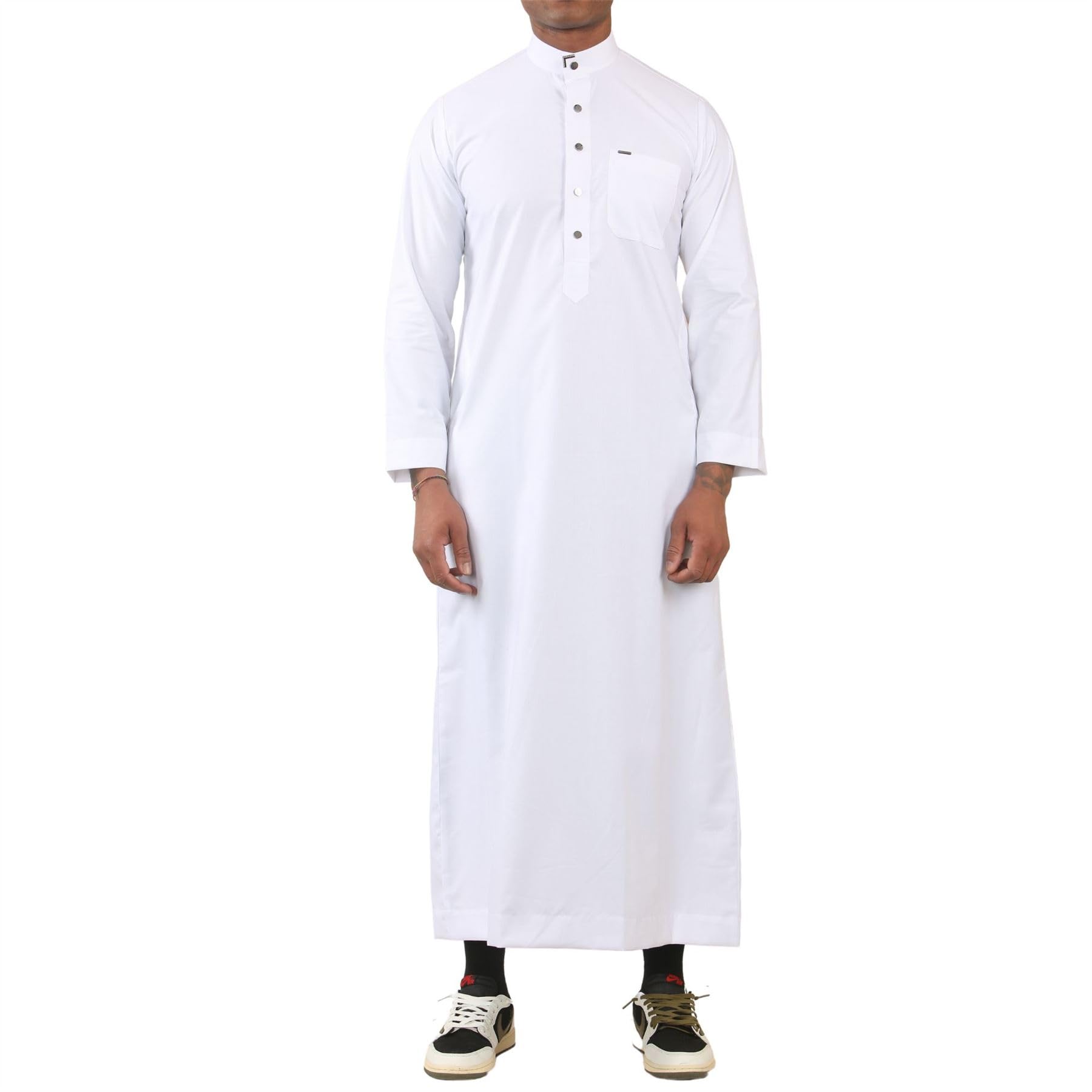 Men's Thobe Saudi Emirati Jubba Islamic Clothing Muslim Kaftan Eid Robe Arab Nehru High Collar - White 58