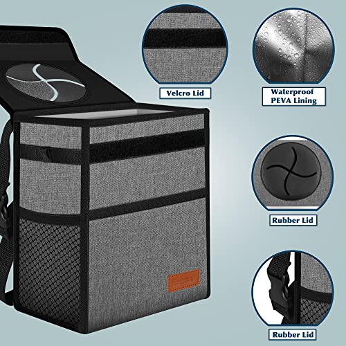 Image of Femuar Car Trash Can Leak Proof Car Trash Bag Waterproof Car Garbage Can with Lid for SUV Front Seat Multipurpose Car Hanging for Headrest Collapsible and Portable with Storage Mesh Pocket, Grey