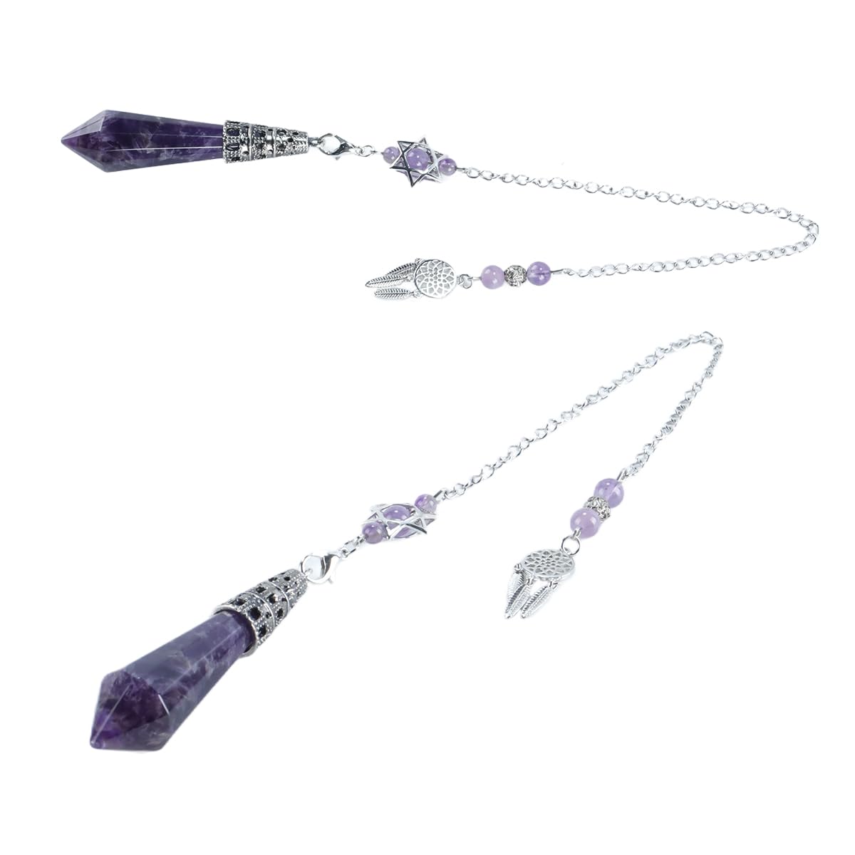 Péndulo de adivinación de amatista natural con punta morada facetada, atrapasueños de estrella Merkaba, decoración Reiki, regalo