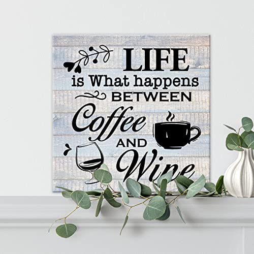 Coffee Wine Sign Wall Art Prints Canvas Painting Rustic Life Is What Happens Between Coffee And Wine Print Country Home Kitchen Wine Bar Decor 8" X 8" #TOP3