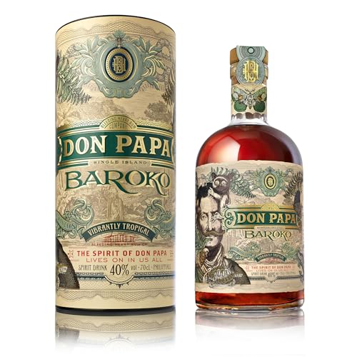 Don Papa Baroko, 700 ml, alc. 40% vol., ron infusionado, destilado en Sugarlandia, Filipinas, con notas cítricas y de vainilla e idóneo para cócteles​