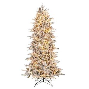 Goplus 6ft Pre Lit Snow Flocked Christmas Tree Artificial Hinged Xmas Tree with 210 Warm White Incandescent Lights 715 Branch Tips Natural Pinecones Metal Stand for Holiday Office Home Decor