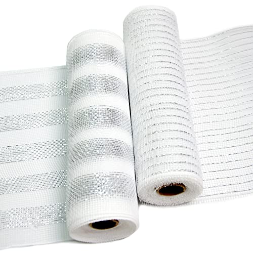2 Rollen Deko-Poly-Mesh-Bänder, 25.4 cmx9 m pro Rolle, metallische Folie, Netzband, Weihnachten, dekorative Netz-Rollen für Kränze, weiß, silber und weiß) Cover
