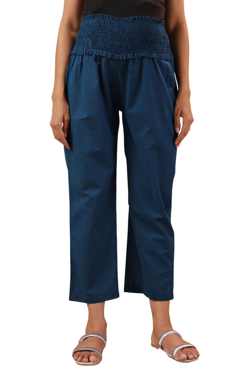 ikk kudi by seerat Women's Maternity High-Waisted Smocked Pants, Cotton Flex, Ankle Length, Relaxed Fit, Casual Wear | Pre and Post Pregnancy | Color - Peacock Blue-picture-21
