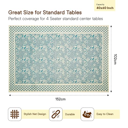 Image of Kuber Industries 40x60 Inch Net Cotton Center Table Cover Cloth | 4 Seater Centre Coffee and Teapoy Cover for Living Room | Aqua Rose 1893 Bright - Cream