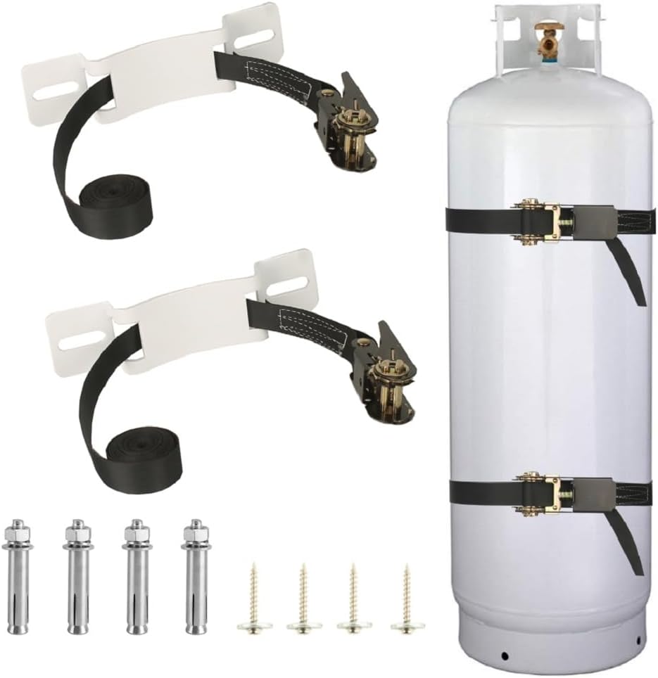 Propane Tank Holder ?Cylinder Wall Mounted Brackets, Ratchet Straps?6.6ft ?, Steel Gas Cylinder Holder, Heavy Duty Gas Cylinder Holder Wall-Mounted Bracket? (White 2)