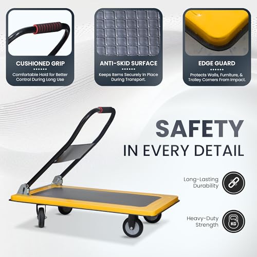 Image of Robustt 400 Kg Heavy-Duty Metal Foldable Platform Trolley (Yellow) | Hand Truck with 360 Rotating Wheels & Cushioned Grip | Material Handling Cart for Home, Office, Warehouse & Industrial Use