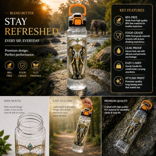 Image of Majestic Walk Elephant Printed Water Bottle 1 Litre with Straw & Gulp Drinking