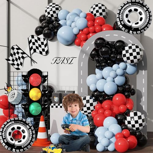 Image of 7Pcs Race Car Party Balloon Set, Traffic Light, Checkered Balloons, Tire Balloons, Race Car Themed Fast One Two Fast Birthday Party Decorations