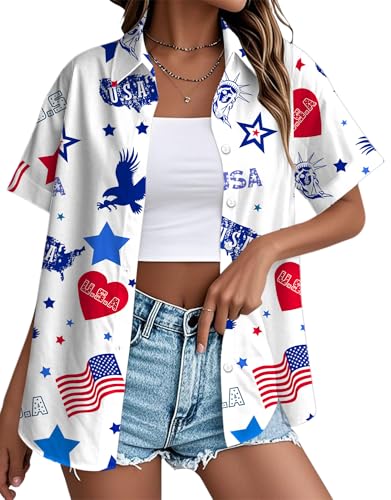 Image of Ithalt 4th of July Hawaiian Shirts Women American Flag Patriotic Short Sleeve Button Down Outfits Summer Vacation Tops