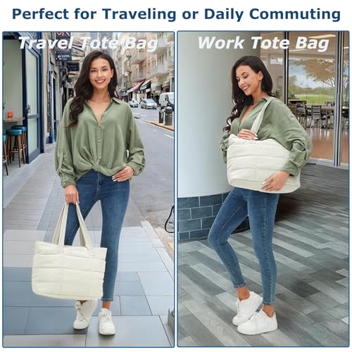 Image of CATMICOO Puffer Tote Bag for Women Quilted Travel Tote with Zipper Puffy Shoulder Handbag for Work Gym