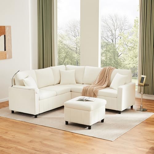 Sofá modular esquinero con función de sueño, sofá cama extensible con taburete, espacio de almacenamiento, felpilla, beige, soporte para bebidas para salón, habitación de invitados