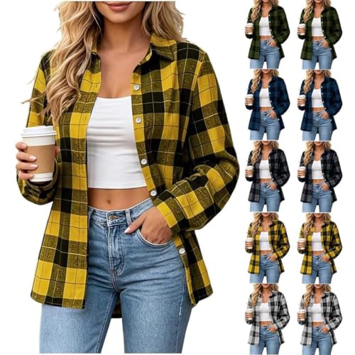 Women Plaid Flannel Shirt Button Down Long Sleeve Loose Casual Office Top - image 1
