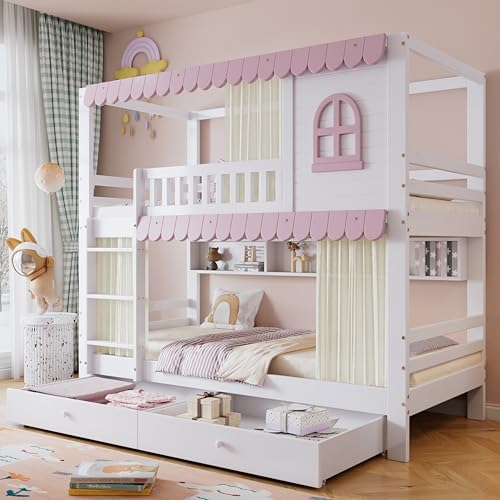 TOBIDOEN Etagenbett Kinder 90x200 cm mit Vorhang-Design, 2 Große Schubladen und Mehrere Staufächer im Bett, Kinderbett mit Fallschutzgitter und Lattenrost, Kiefer+MDF, Weiß+Rosa TOBIDOEN Etagenbett Kinder 90x200 cm mit Vorhang-Design, 2 Große Schubladen und Mehrere Staufächer im Bett, Kinderbett mit Fallschutzgitter und Lattenrost, Kiefer+MDF, Weiß+Rosa