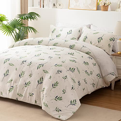 Image of EMME Twin Comforter Set - Sage Green Floral Bedding Sets 5 PCS with Nature Leaves Pattern, Soft Leaf Printed Botanical Bed Set with Sheets, Fluffy Bed Bag for All Season(68 inchX90 inch)