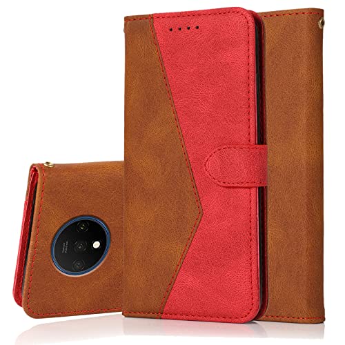 Radoo Coque pour OnePlus 7T, Housse Étui en PU Cuir Portefeuille Antichoc Étui à Rabat Clapet Protection Magnétique Flip Cover Wallet Case avec Carte Fentes, Fonction Stand (Brun Rougeâtre)