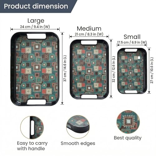 Image of Double Laminated Printed Serving Tray (Black Small, Medium, Large) -Set of 3 Pieces(Melamine, Rectangular)