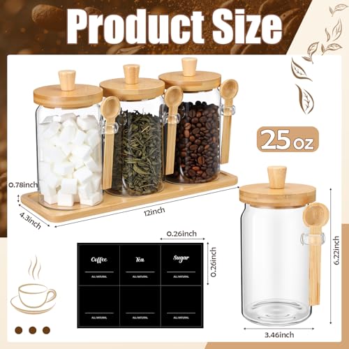 Image of Suclain 3 Pcs Glass Coffee Container Set, 25 oz, Natural Bamboo | Coffee Tea Sugar Canister Set, Airtight Jar Food Storage with Wood Spoon Tray Labels, Kitchen Counter Bar Organization