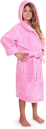 FTB Embroideried Custom Kids & Youth Microfiber Fleece Hooded Soft Robe (Pink, Large)